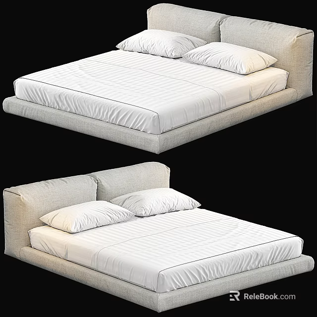 Modern Minimalist Double Bed With Upholstered Light Frame White Mattress And Soft Pillows 3d model 