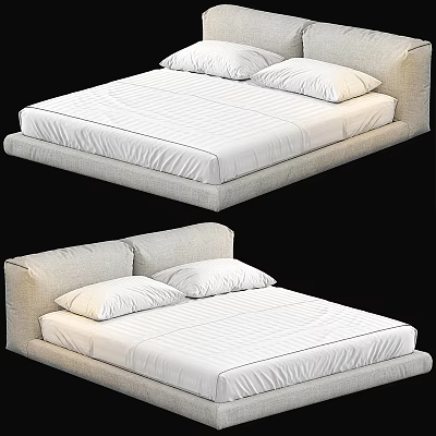 Modern Minimalist Double Bed With Upholstered Light Frame White Mattress And Soft Pillows 3d model