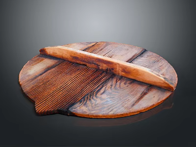 Natural Wooden Round Cutting Board With Handcrafted Knife And Smooth Texture 3d model