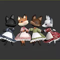 Cute Fox Doll Characters Wearing Colorful Dresses With Various Patterns Standing Together On Reflective Surface