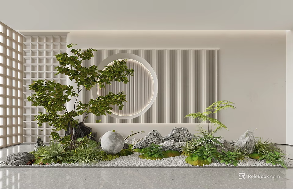 Tranquil Courtyard Garden With Lush Green Plants Stone Ornaments Circular Wall Design And Pebble Details 3d model 