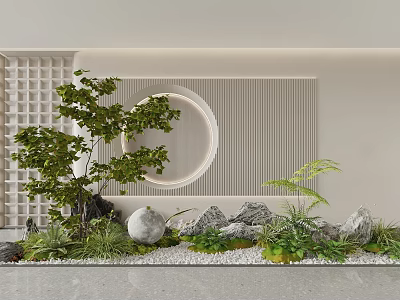 Tranquil Courtyard Garden With Lush Green Plants Stone Ornaments Circular Wall Design And Pebble Details 3d model