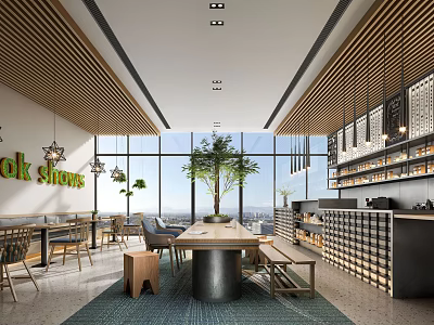 Bright Cafe Interior With Large Windows Green Plants Long Wooden Table Bar Counter And Bookshelves 3d model