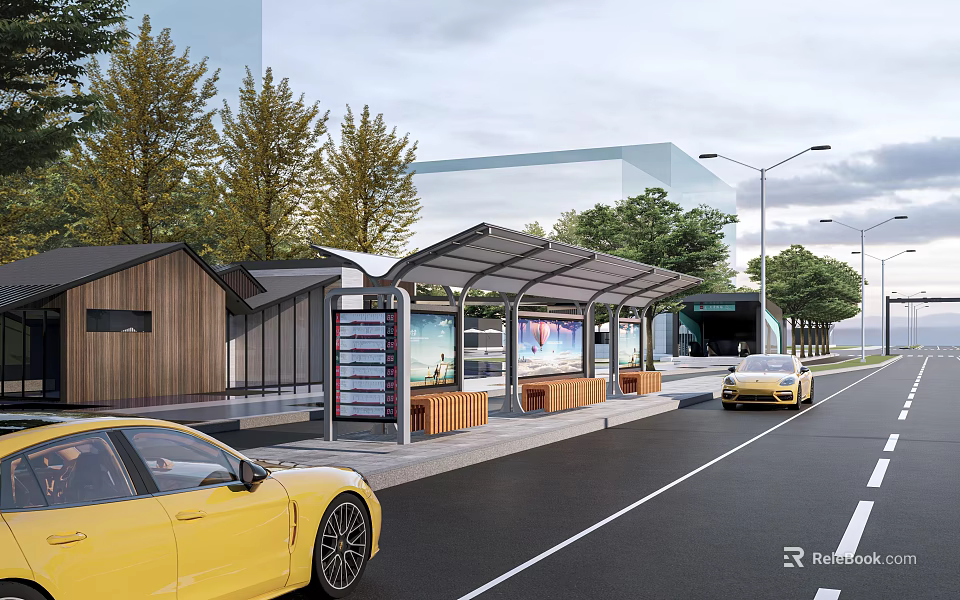 Modern Bus Station With Canopy Benches Digital Screens Yellow Car Near Trees Along Road 3d model 