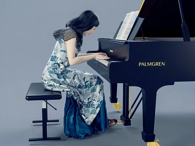 Woman in Blue and White Floral Dress Playing Black PALMGREN Piano on Gray Background 3d model