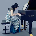 Woman in Blue and White Floral Dress Playing Black PALMGREN Piano on Gray Background