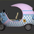 Colorful Cartoon Taxi Tricycle With Pink Roof Blue Body Checker Pattern And Beige Seats