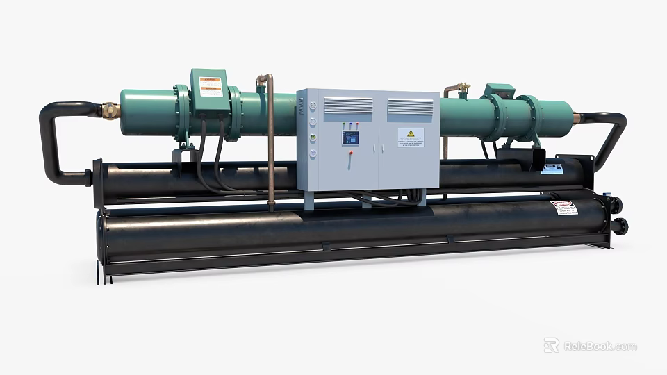 Industrial Chiller Unit with Green Cylindrical Components Control Panel and Black Cylindrical Pipes 3d model 