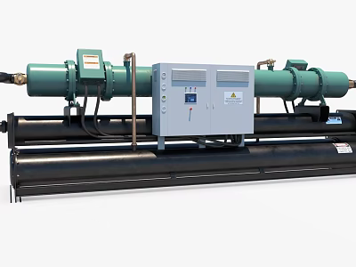 Industrial Chiller Unit with Green Cylindrical Components Control Panel and Black Cylindrical Pipes 3d model