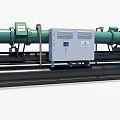 Industrial Chiller Unit with Green Cylindrical Components Control Panel and Black Cylindrical Pipes