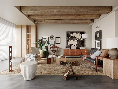 Modern Living Room With Wooden Ceiling Beams Window Blinds Potted Plants And Framed Artwork 3d model