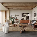 Modern Living Room With Wooden Ceiling Beams Window Blinds Potted Plants And Framed Artwork