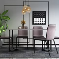 Modern Dining Table Set With Gray Chairs Pendant Lights And Large Green Plant 3d model