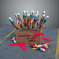 Fourth of July Decorative Items With Colorful Rocket Shaped Designs In Wooden Box
