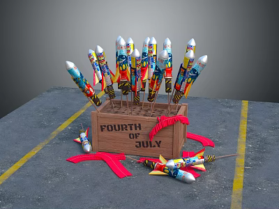 Fourth of July Decorative Items With Colorful Rocket Shaped Designs In Wooden Box 3d model