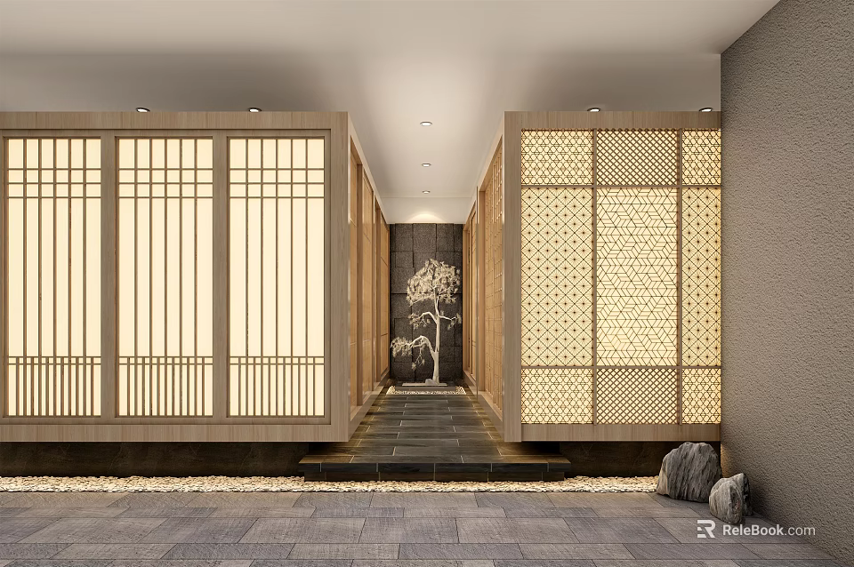 Hotel Corridor With Wooden Lattice Screens Stone Floor And Tree At The End 3d model 