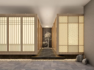 Hotel Corridor With Wooden Lattice Screens Stone Floor And Tree At The End 3d model