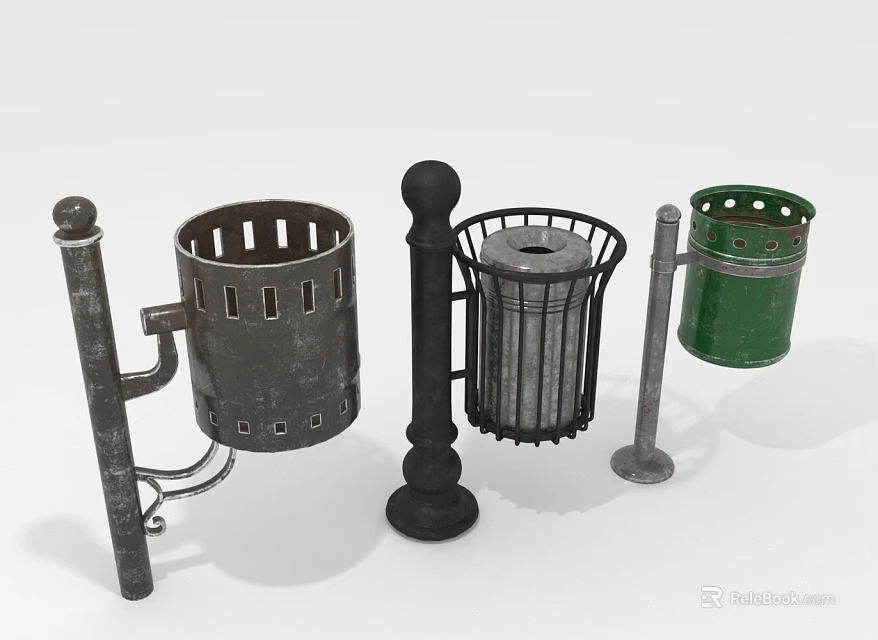 Outdoor Trash Cans with Various Metal Designs Stands and Color Options 3d model 