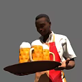 Man wearing red and yellow apron carrying tray with beer mugs