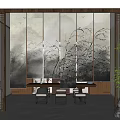 Traditional Chinese Interior Design With Wooden Blinds Landscape Painting And Bamboo Plant