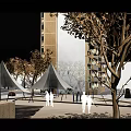 Community Outdoor Playground Area With High Rise Buildings Play Equipment Trees And Paved Ground