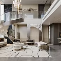 Luxurious Duplex Living Room With Spiral Staircase Stylish Furniture And Chandeliers