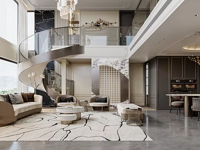 Luxurious Duplex Living Room With Spiral Staircase Stylish Furniture And Chandeliers 3d model