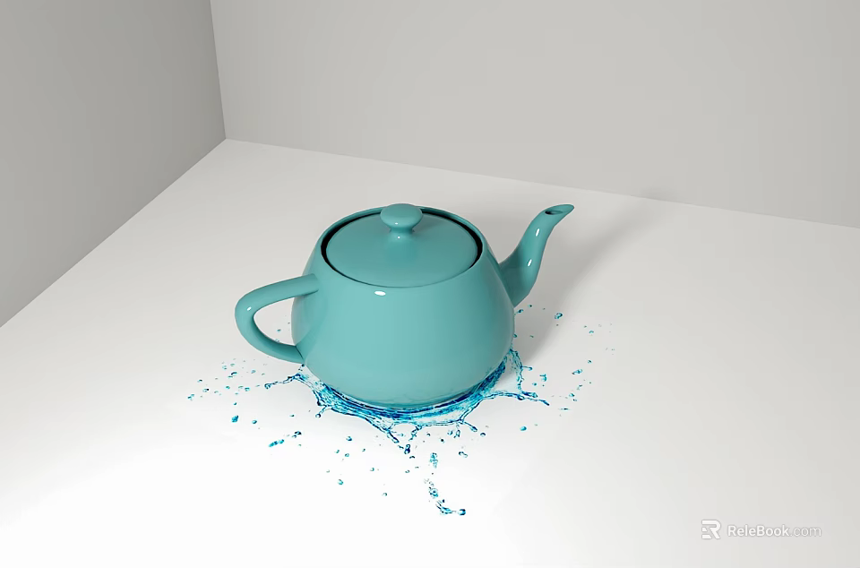 Modern Light Blue Ceramic Teapot With Water Splashes On White Surface 3d model 