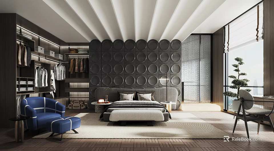 Modern Bedroom Interior With Dark Circular Wall Open Closet Blue Armchair And Large Bed 3d model 