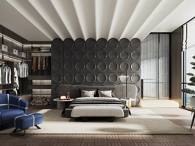 Modern Bedroom Interior With Dark Circular Wall Open Closet Blue Armchair And Large Bed 3d model