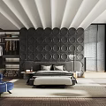 Modern Bedroom Interior With Dark Circular Wall Open Closet Blue Armchair And Large Bed