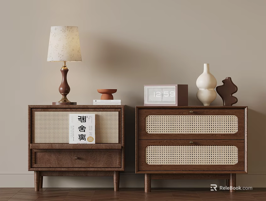 Wooden Nightstands With Rattan Drawers Table Lamp Aromatherapy Book Digital Clock Vase And Sculpture 3d model 