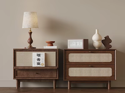 Wooden Nightstands With Rattan Drawers Table Lamp Aromatherapy Book Digital Clock Vase And Sculpture 3d model