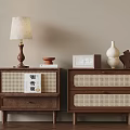Wooden Nightstands With Rattan Drawers Table Lamp Aromatherapy Book Digital Clock Vase And Sculpture