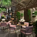 Café Interior Design With Green Plants Wooden Counter Cake Display And Decorative Shelves