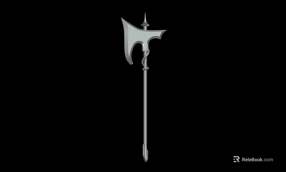 Silver Battle Axe With Long Handle And Spiked Decorative Head 3d model 