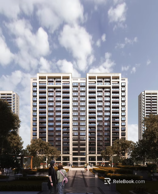 High Rise Modern Residential Building With Blue Sky White Clouds And Trees 3d model 