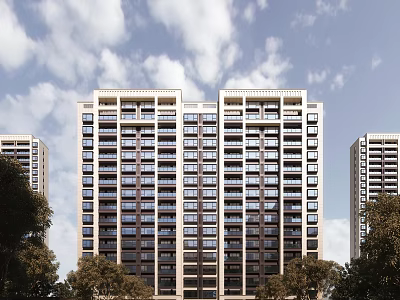 High Rise Modern Residential Building With Blue Sky White Clouds And Trees 3d model