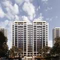 High Rise Modern Residential Building With Blue Sky White Clouds And Trees