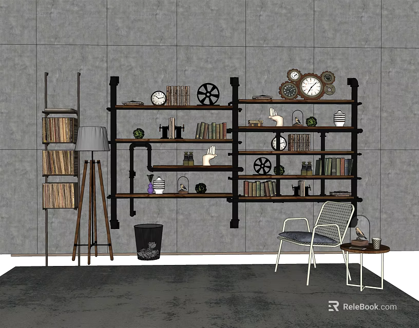 Industrial Style Wall Cabinets With Metal Shelves Books Clocks And Decorative Items 3d model 