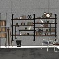 Industrial Style Wall Cabinets With Metal Shelves Books Clocks And Decorative Items
