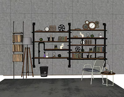 Industrial Style Wall Cabinets With Metal Shelves Books Clocks And Decorative Items 3d model