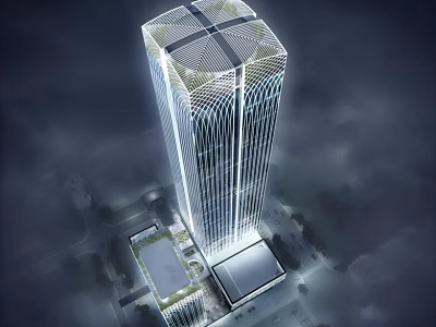 Modern High Rise Hotel Building With Glass Facade Grid Top Design And Illuminated Exterior 3d model