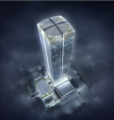 Modern High Rise Hotel Building With Glass Facade Grid Top Design And Illuminated Exterior 3d model