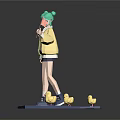 3D Character Model With Green Hair Yellow Jacket Purple Platform And Yellow Ducklings