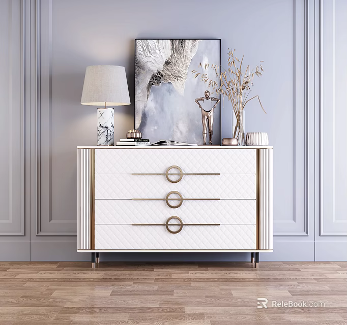Stylish White Entryway Console Cabinet With Gold Accents Round Handles And Decorative Items On Top 3d model 