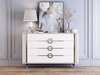 Stylish White Entryway Console Cabinet With Gold Accents Round Handles And Decorative Items On Top 3d model
