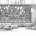 Light Luxury Living Room Interior Design With Bookshelves Hanging Lights And Brick Wall