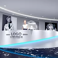 Modern White Curved Reception Desk With Marble Floor And Portrait Paintings
