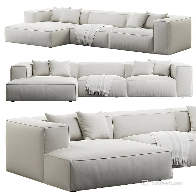 Light Colored Sectional Sofa L Shaped Design With Plush Cushions And Throw Blanket 3d model 